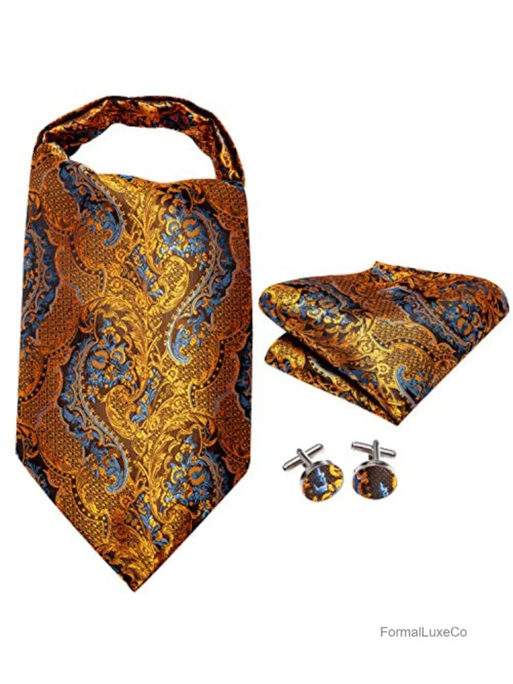 Silk Mix Polyester Mens Ascot Tie Cravat Set with Pocket Square Cufflinks
